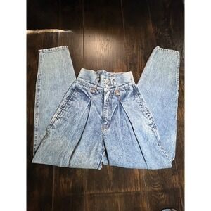Vintage 80s Jordache Championship Acid Wash Pleated High Waist Tapered Jeans 7/8